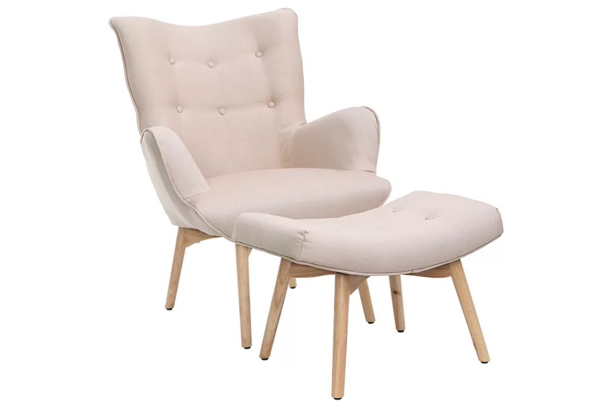 Miliboo Fauteuil avec repose-pieds scandinave en tissu rose poudré et bois clair BRISTOL