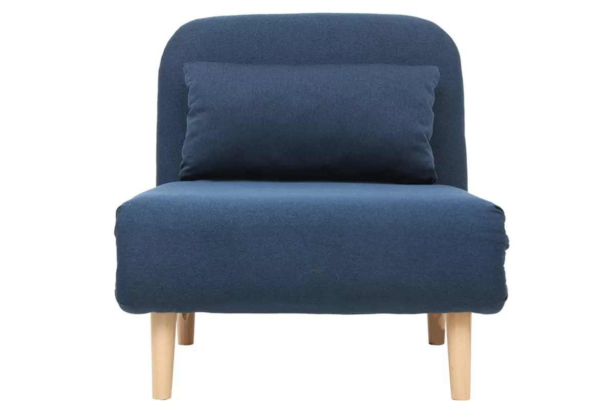 Miliboo Fauteuil convertible scandinave en tissu bleu foncé et bois clair AMIKO