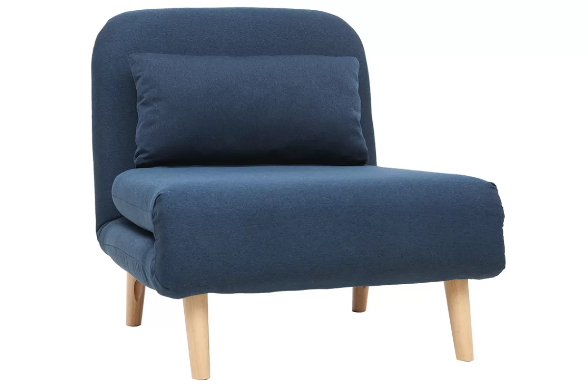 Miliboo Fauteuil convertible scandinave en tissu bleu foncé et bois clair AMIKO