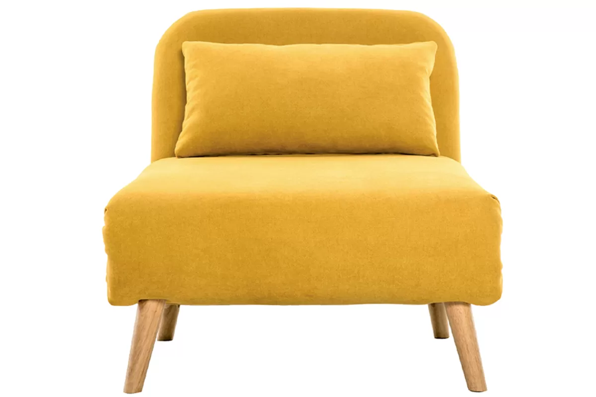 Miliboo Fauteuil convertible scandinave en tissu effet velours jaune moutarde et bois clair AMIKO