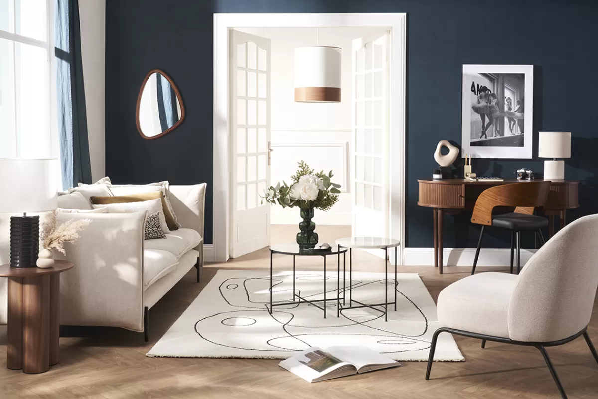 Miliboo Fauteuil design en tissu effet velours texturé beige et métal noir BREGO