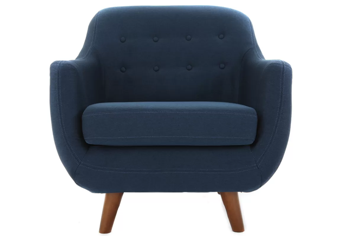 Miliboo Fauteuil déhoussable en tissu bleu foncé et bois foncé YNOK