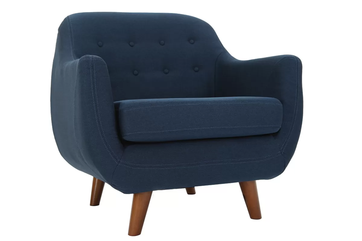 Miliboo Fauteuil déhoussable en tissu bleu foncé et bois foncé YNOK
