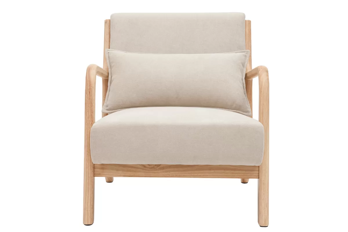 Miliboo Fauteuil scandinave en tissu effet velours beige et bois clair massif DERRY