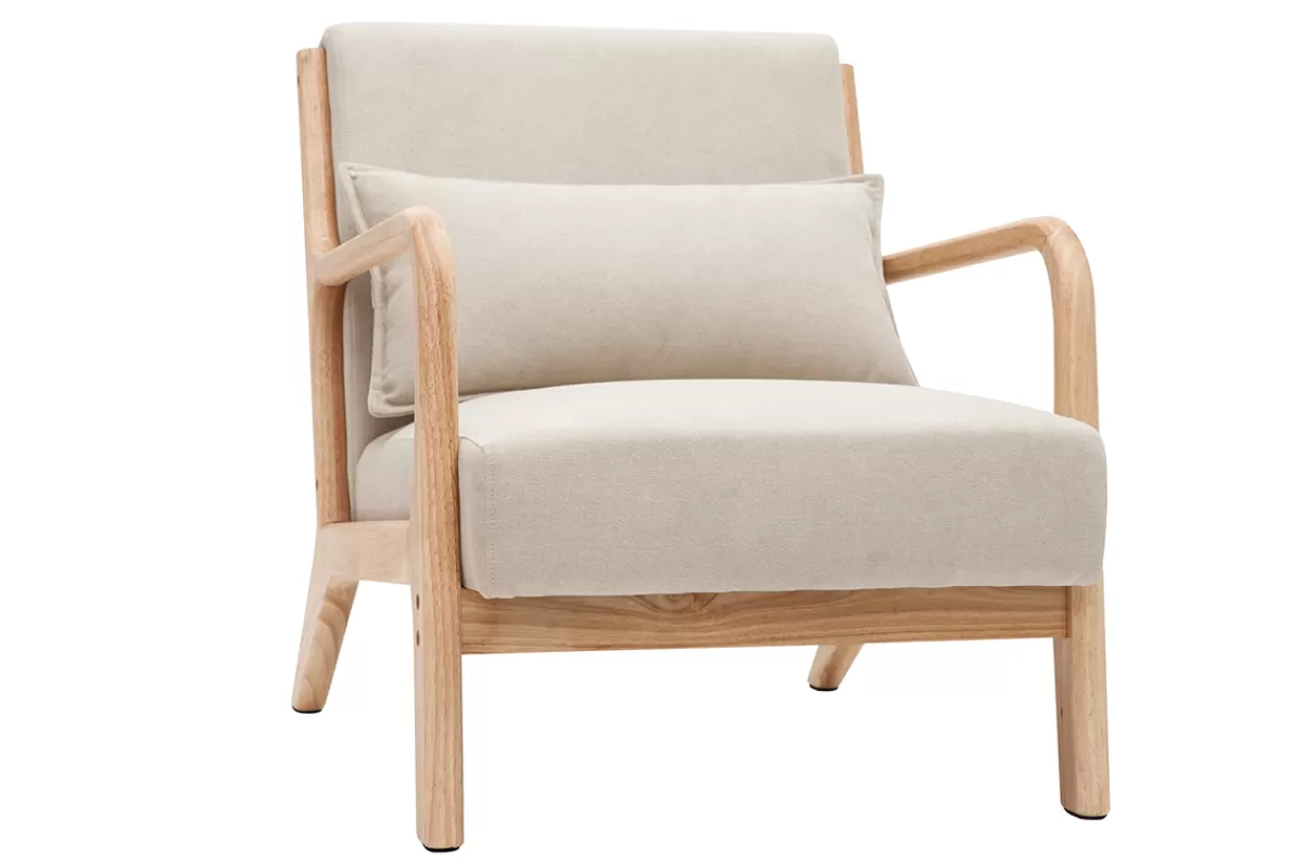 Miliboo Fauteuil scandinave en tissu effet velours beige et bois clair massif DERRY