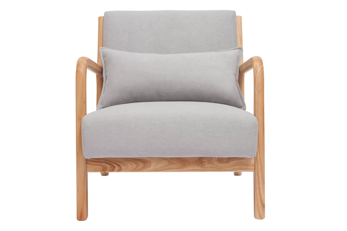 Miliboo Fauteuil scandinave en tissu effet velours gris clair et bois clair massif DERRY