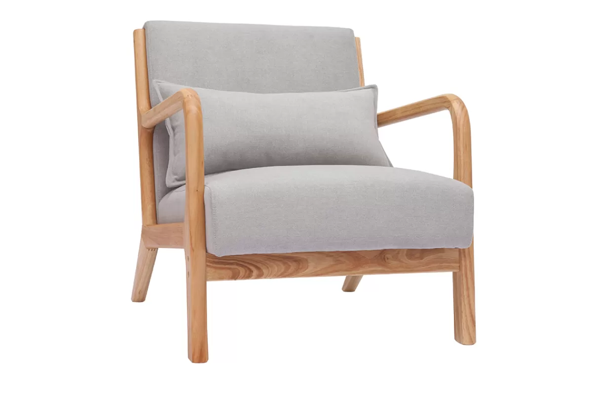 Miliboo Fauteuil scandinave en tissu effet velours gris clair et bois clair massif DERRY