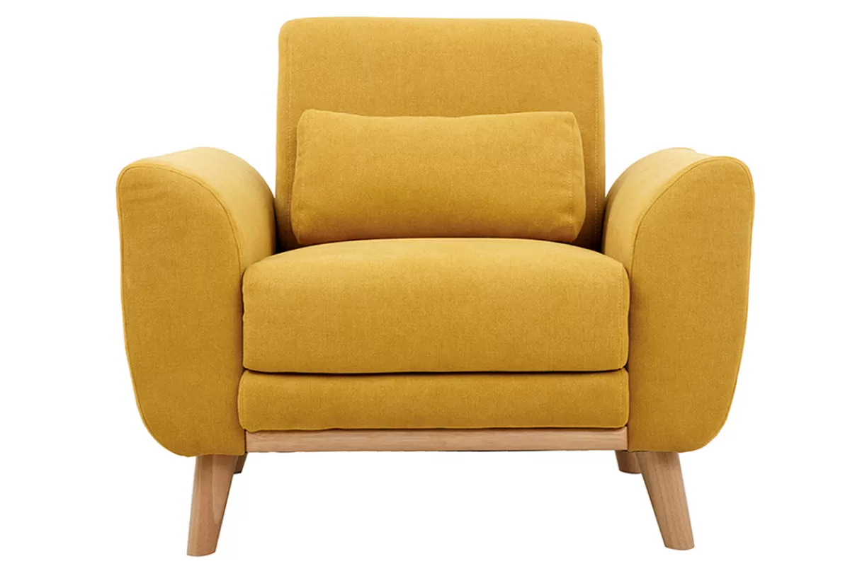 Miliboo Fauteuil scandinave en tissu effet velours jaune moutarde et bois clair EKTOR