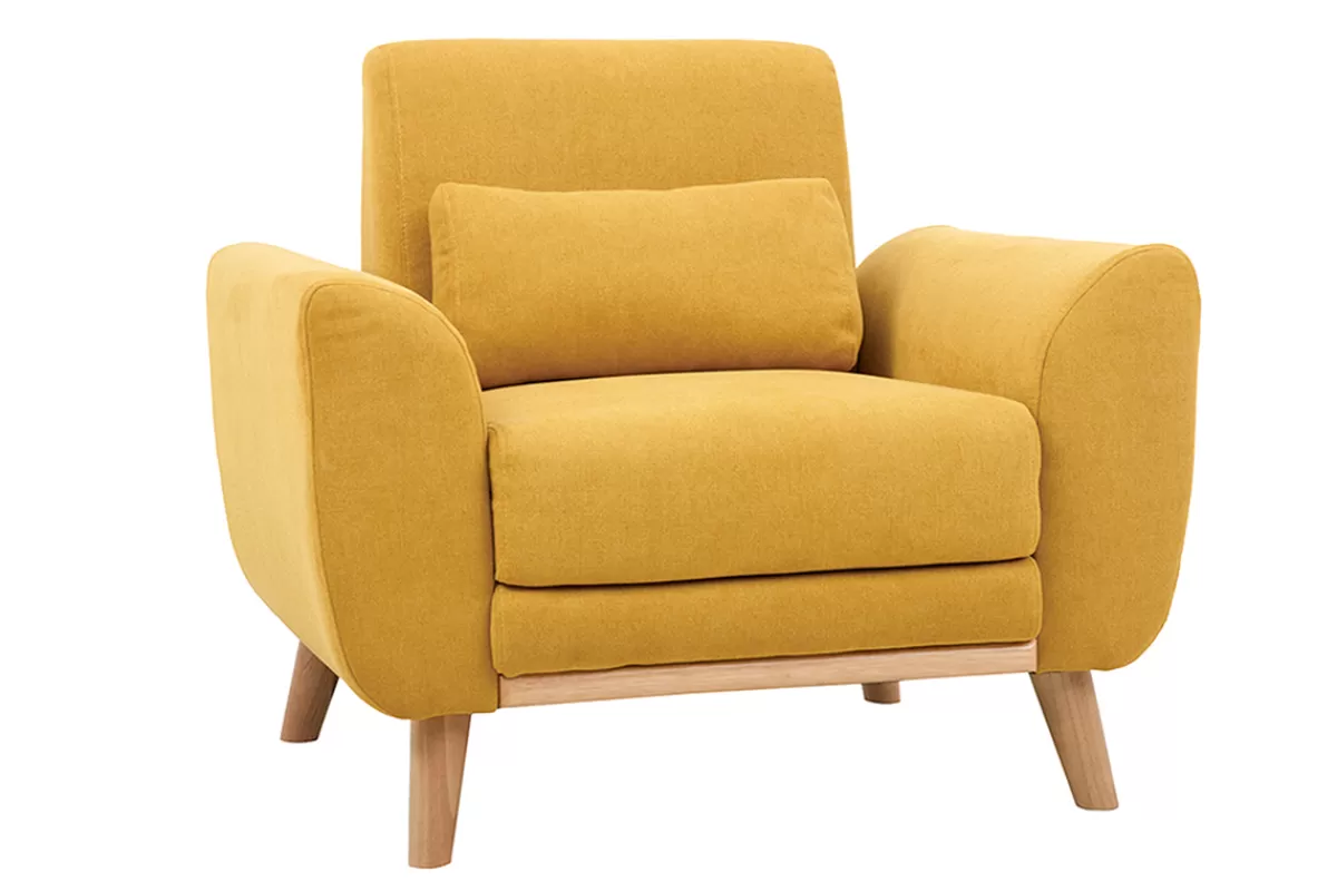 Miliboo Fauteuil scandinave en tissu effet velours jaune moutarde et bois clair EKTOR