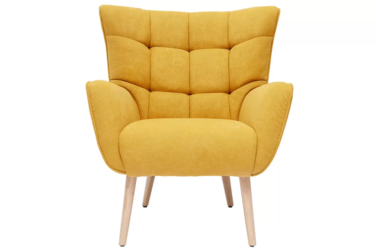 Miliboo Fauteuil scandinave en tissu effet velours jaune moutarde et bois clair AVERY