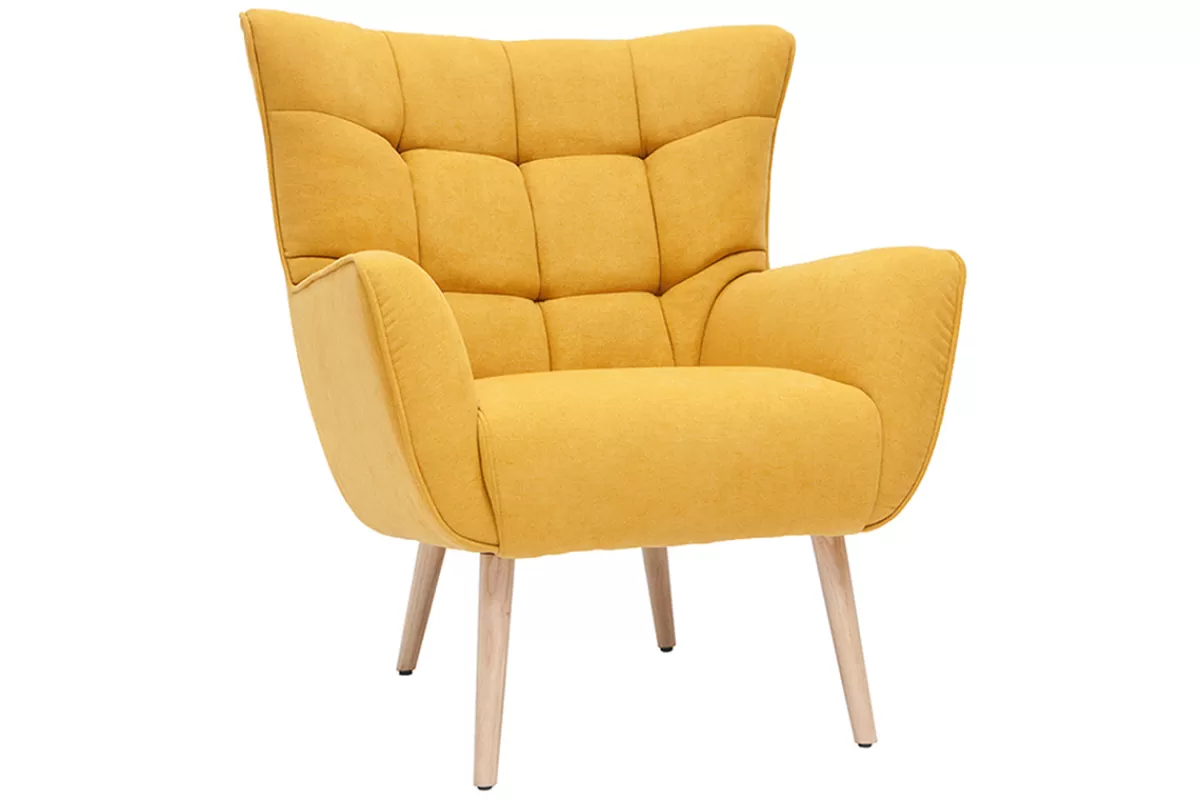 Miliboo Fauteuil scandinave en tissu effet velours jaune moutarde et bois clair AVERY