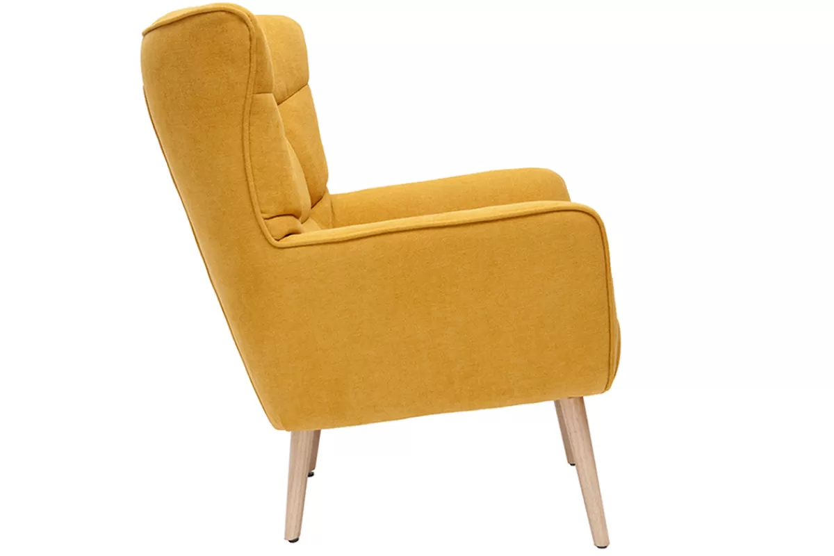 Miliboo Fauteuil scandinave en tissu effet velours jaune moutarde et bois clair AVERY