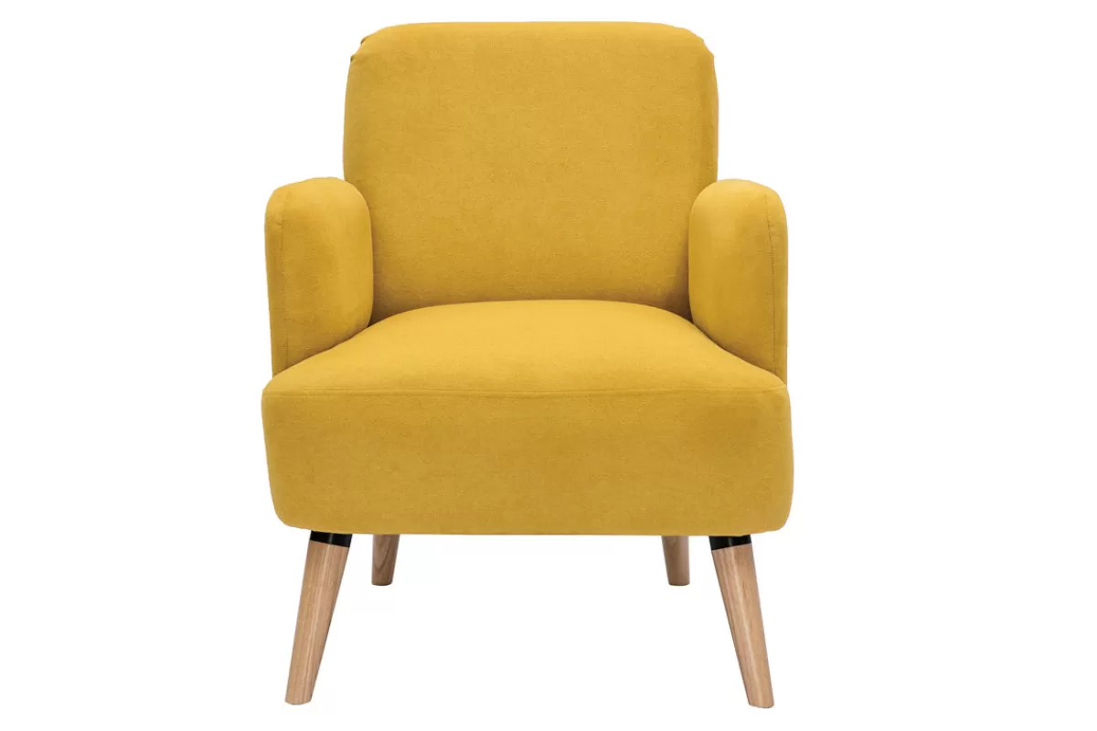 Miliboo Fauteuil scandinave en tissu effet velours jaune moutarde et bois clair ISKO