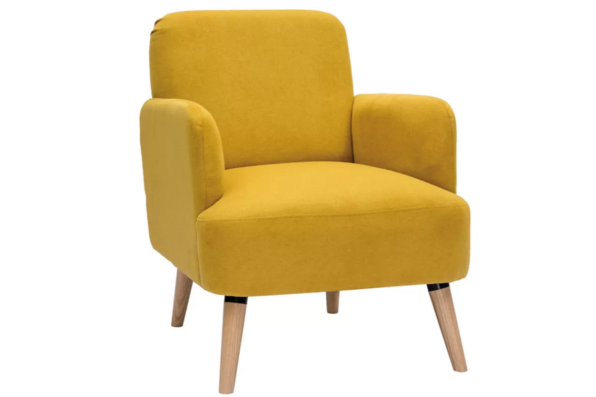 Miliboo Fauteuil scandinave en tissu effet velours jaune moutarde et bois clair ISKO