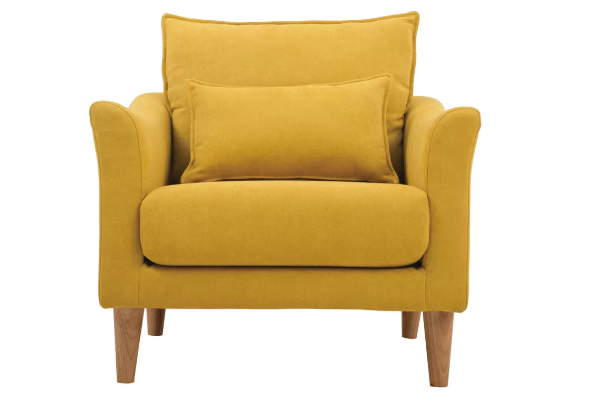 Miliboo Fauteuil scandinave en tissu effet velours jaune moutarde et bois clair KATE