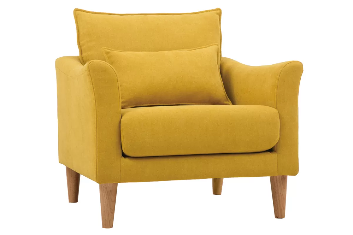 Miliboo Fauteuil scandinave en tissu effet velours jaune moutarde et bois clair KATE