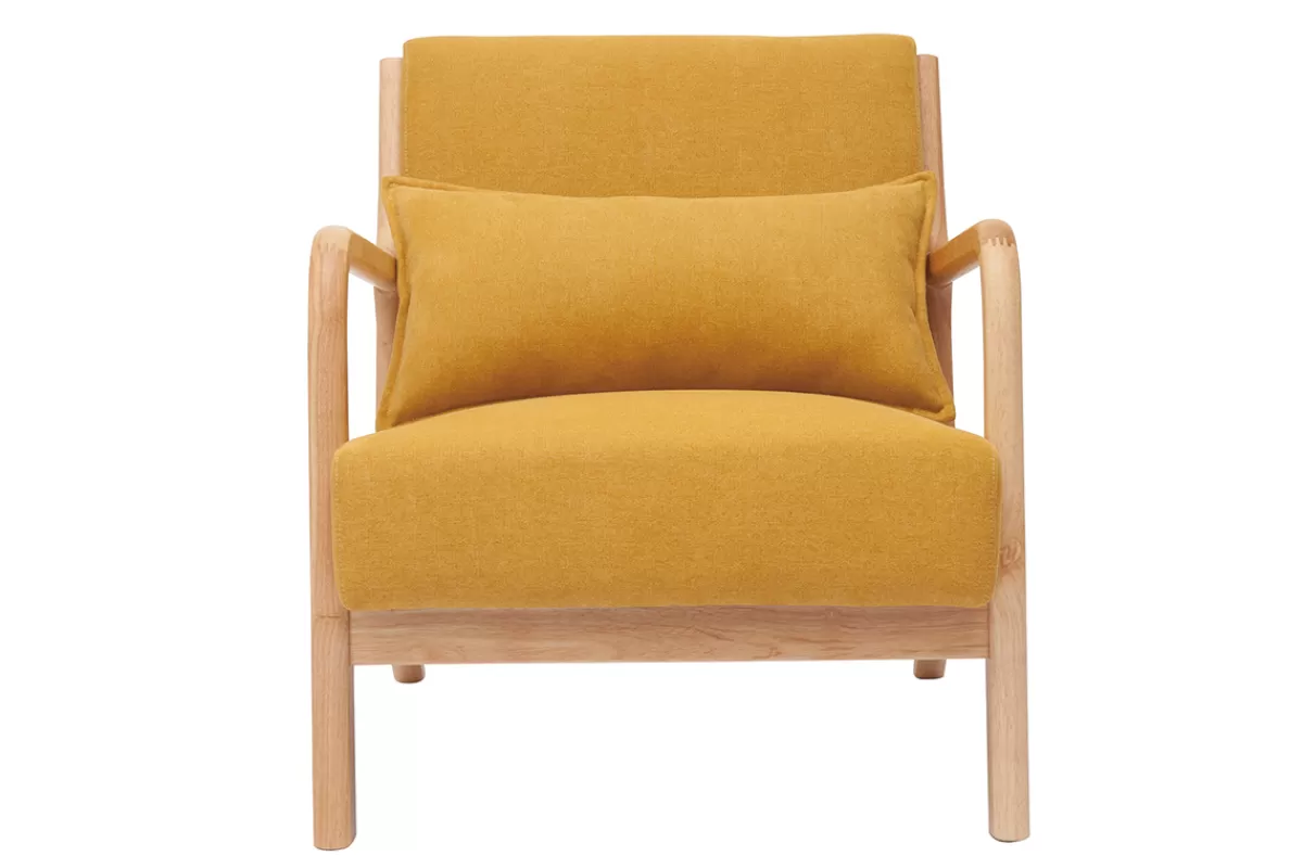 Miliboo Fauteuil scandinave en tissu effet velours jaune moutarde et bois clair massif DERRY