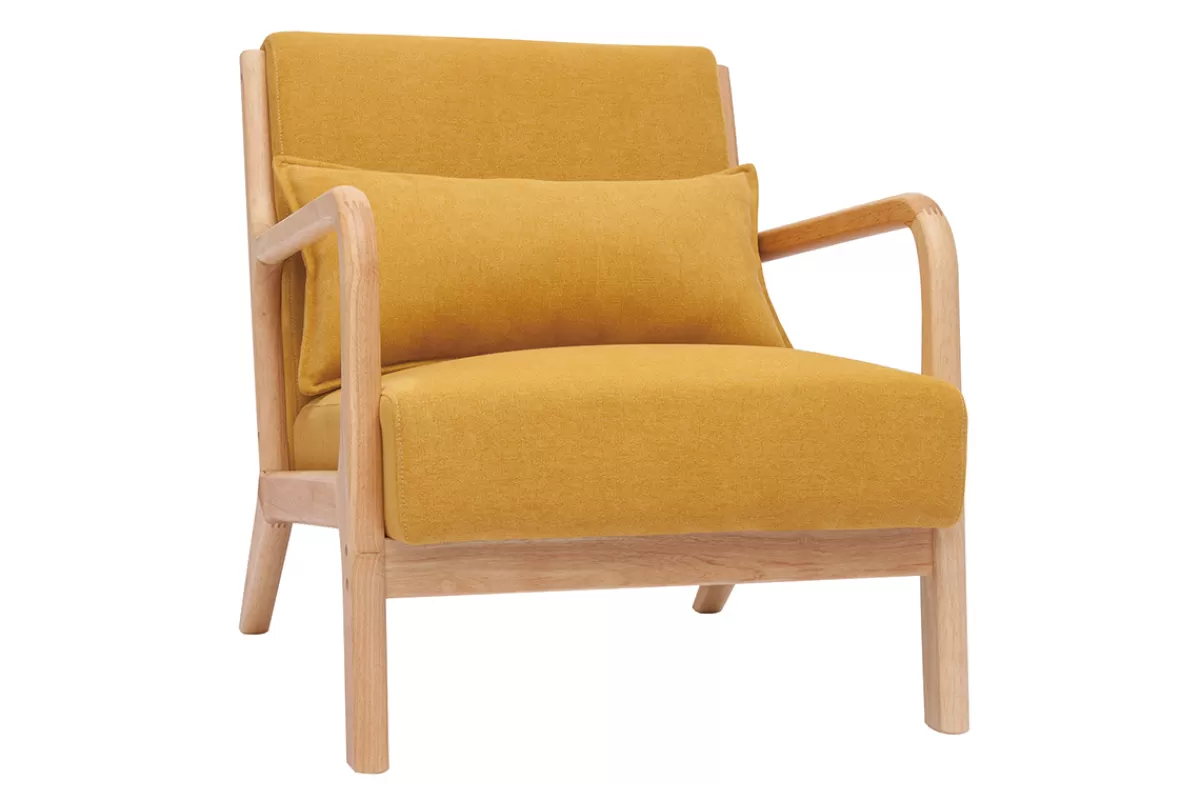 Miliboo Fauteuil scandinave en tissu effet velours jaune moutarde et bois clair massif DERRY