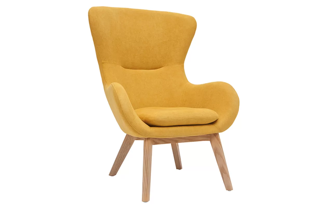 Miliboo Fauteuil scandinave en tissu effet velours jaune moutarde et bois ESKUA