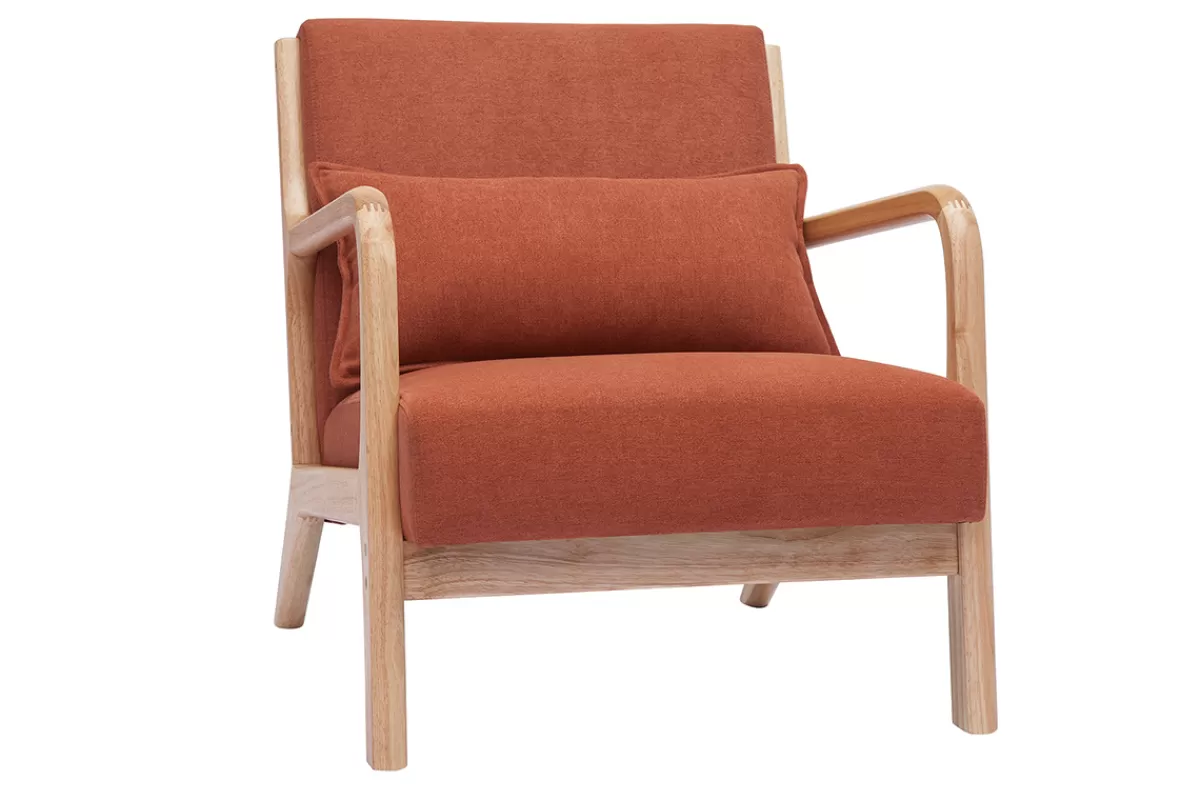Miliboo Fauteuil scandinave en tissu effet velours terre brûlée et bois clair massif DERRY