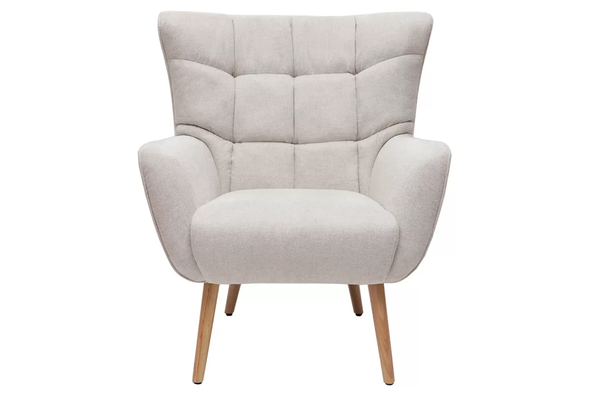 Miliboo Fauteuil scandinave en tissu effet velours texturé beige et bois clair AVERY