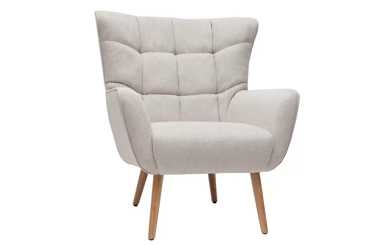 Miliboo Fauteuil scandinave en tissu effet velours texturé beige et bois clair AVERY