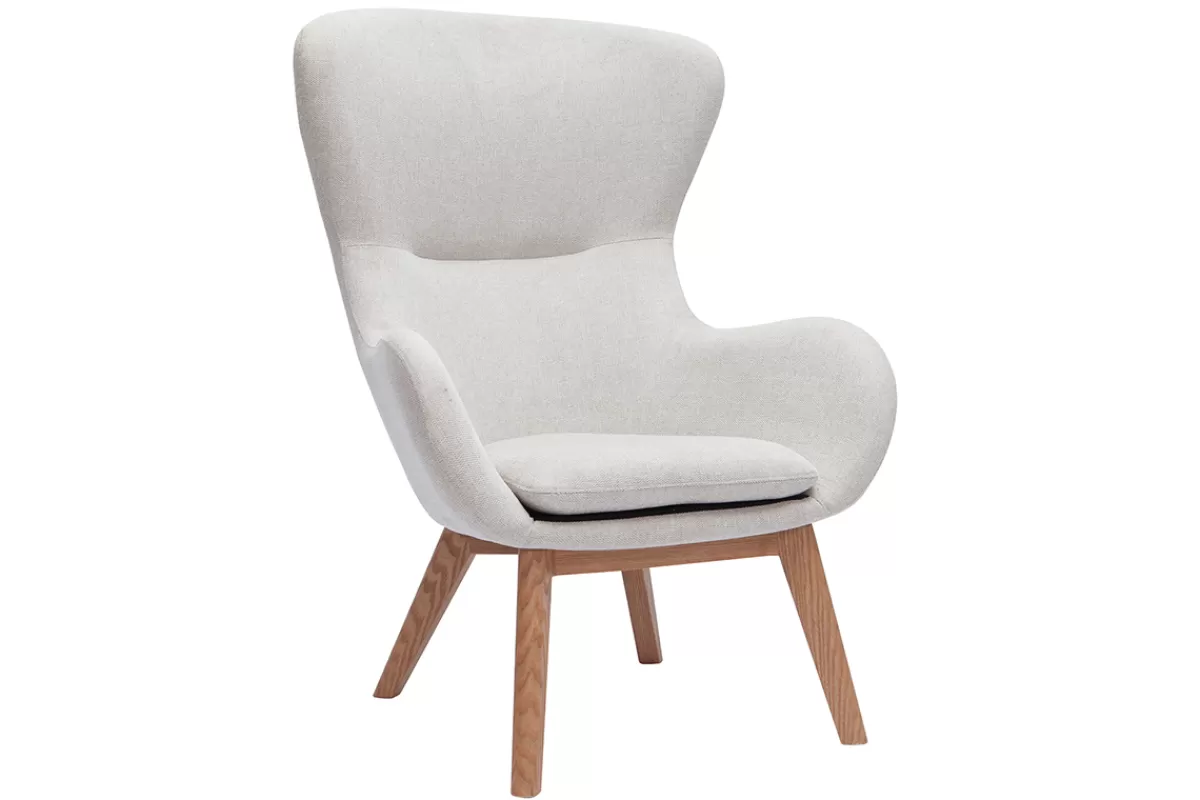 Miliboo Fauteuil scandinave en tissu effet velours texturé beige et bois clair ESKUA