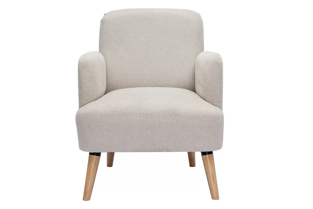 Miliboo Fauteuil scandinave en tissu effet velours texturé beige et bois clair ISKO