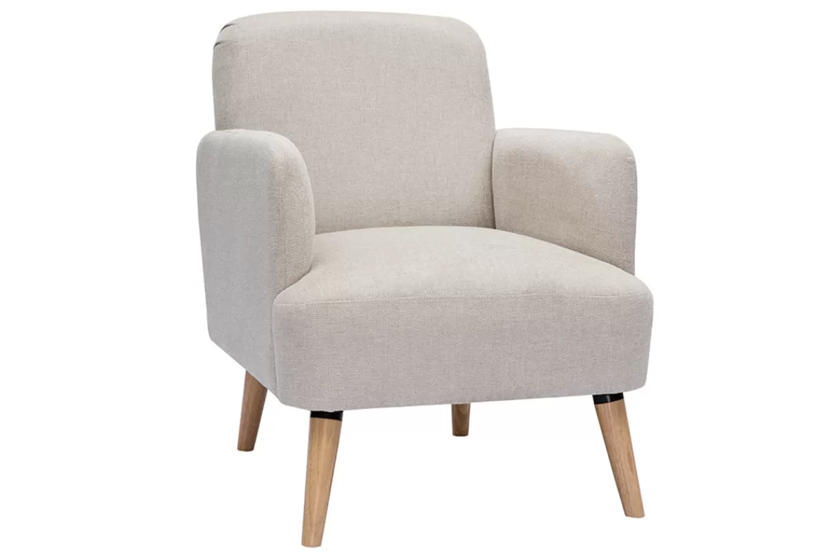 Miliboo Fauteuil scandinave en tissu effet velours texturé beige et bois clair ISKO