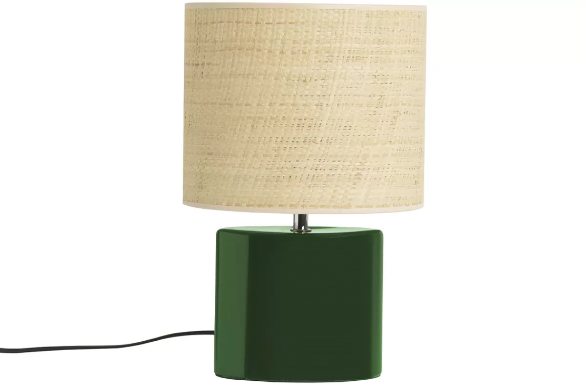 Miliboo Lampe à poser en céramique vert foncé et abat-jour en raphia naturel H40 cm TIGA