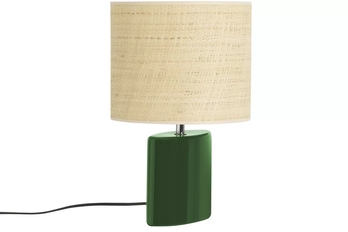 Miliboo Lampe à poser en céramique vert foncé et abat-jour en raphia naturel H40 cm TIGA