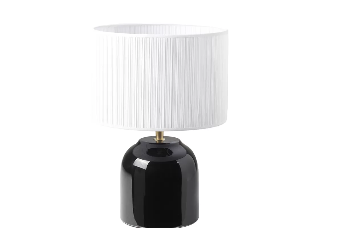 Miliboo Lampe à poser noire en céramique brillante et abat-jour en tissu plissé blanc H35 cm PIEGA