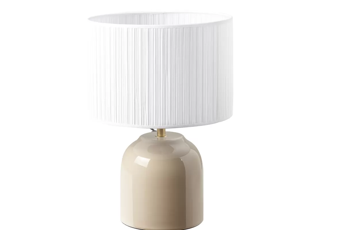 Miliboo Lampe à poser taupe en céramique brillante et abat-jour en tissu plissé blanc H35 cm PIEGA