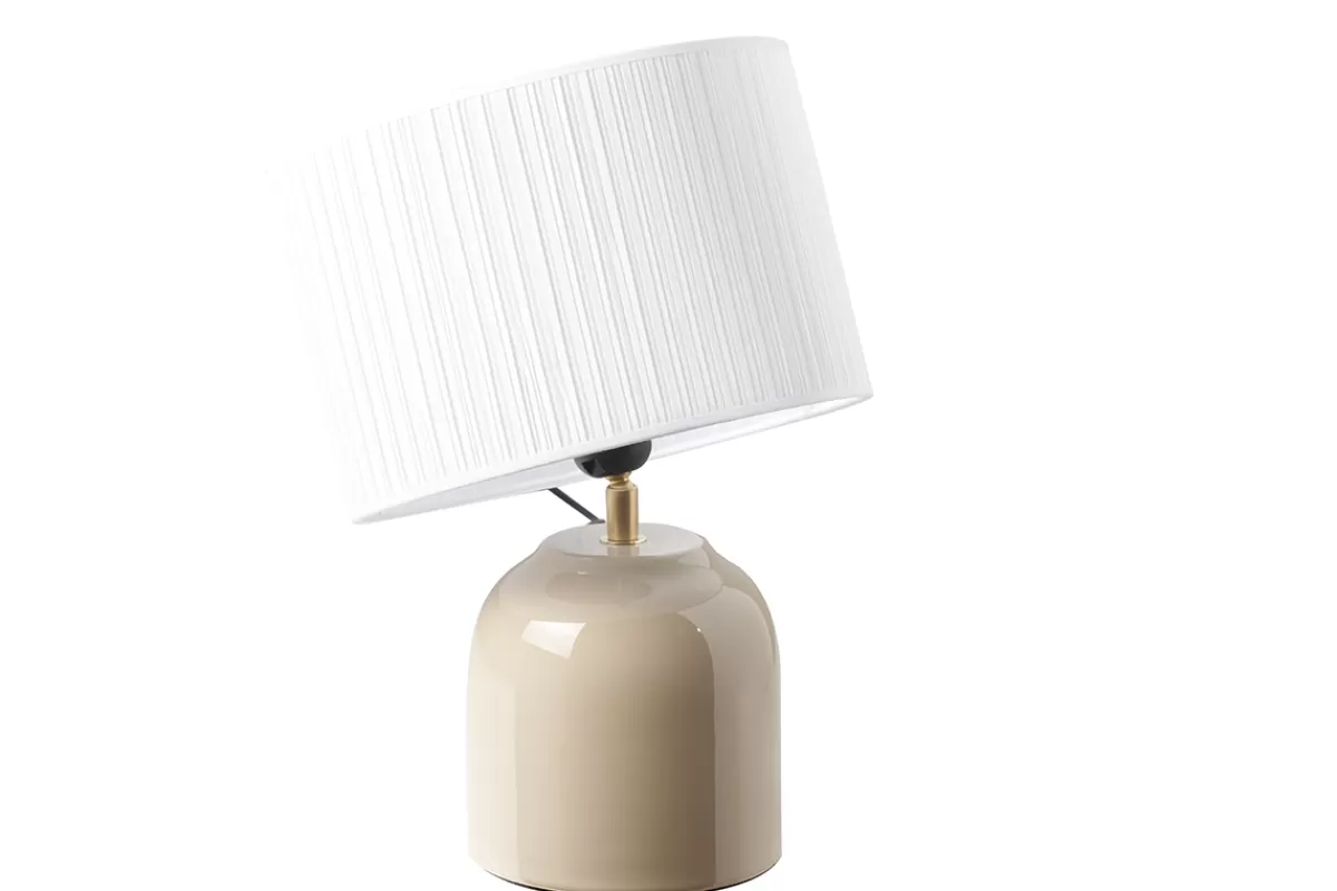 Miliboo Lampe à poser taupe en céramique brillante et abat-jour en tissu plissé blanc H35 cm PIEGA