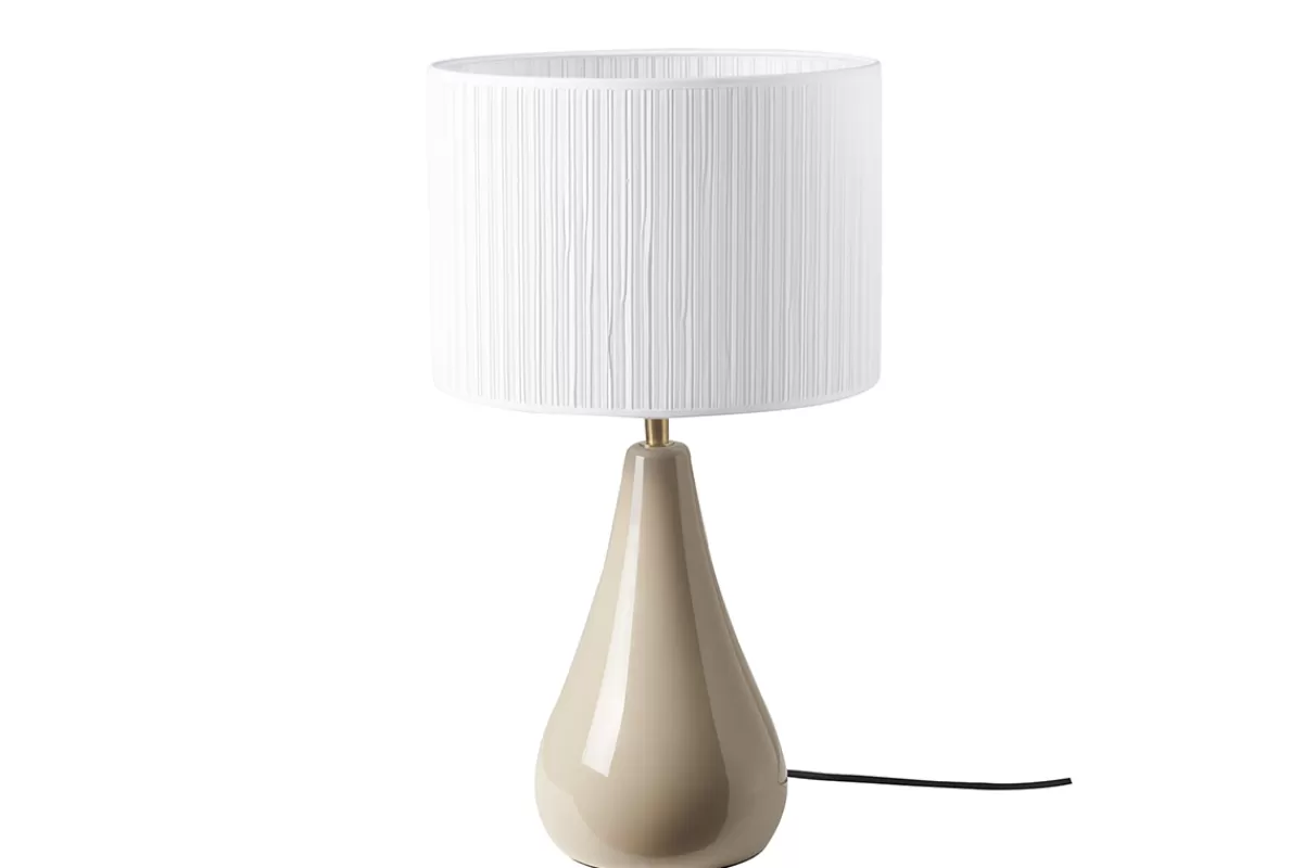 Miliboo Lampe à poser taupe en céramique brillante et abat-jour en tissu plissé blanc H49 cm TROIA