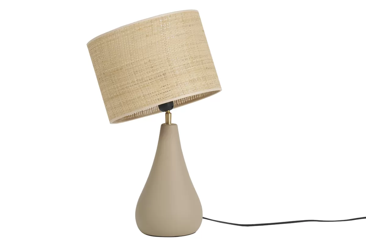 Miliboo Lampe à poser taupe en céramique mate et abat-jour en raphia H49 cm PYRUS