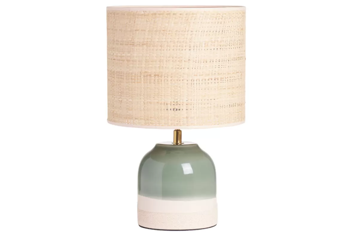 Miliboo Lampe à poser verte en céramique et abat-jour en rabane H35 cm PIEGA