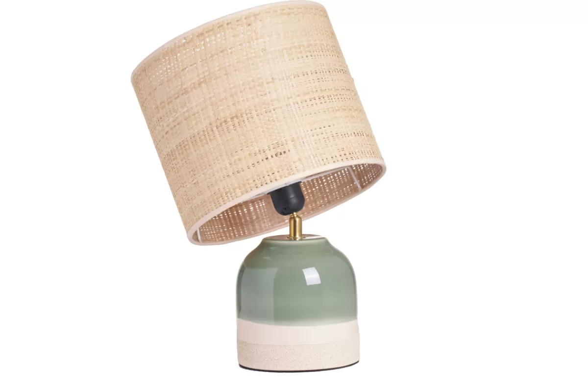 Miliboo Lampe à poser verte en céramique et abat-jour en rabane H35 cm PIEGA