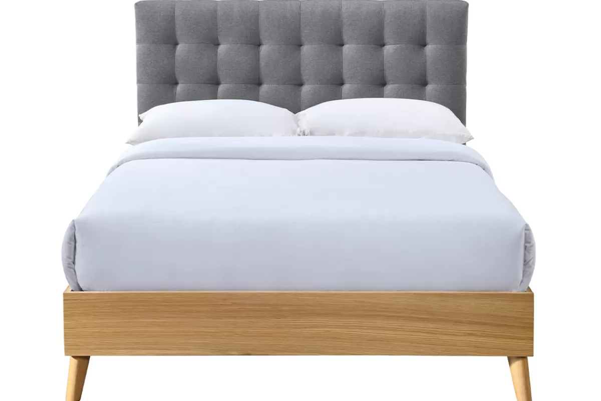 Miliboo Lit 2 places 140x200cm en bois et tissu gris capitonné LYNN