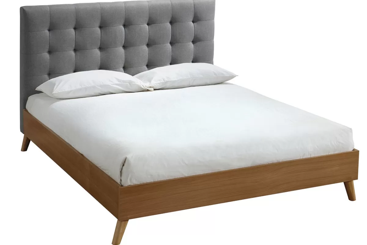 Miliboo Lit 2 places 140x200cm en bois et tissu gris capitonné LYNN