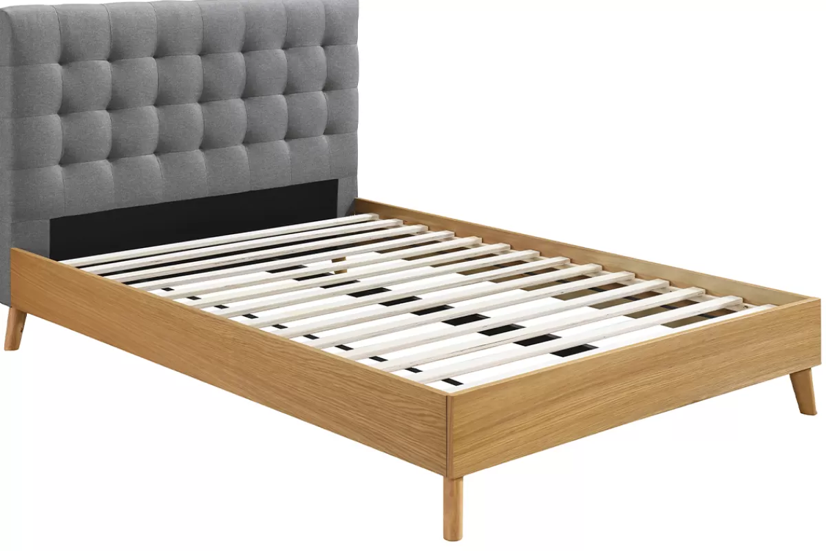 Miliboo Lit 2 places 140x200cm en bois et tissu gris capitonné LYNN
