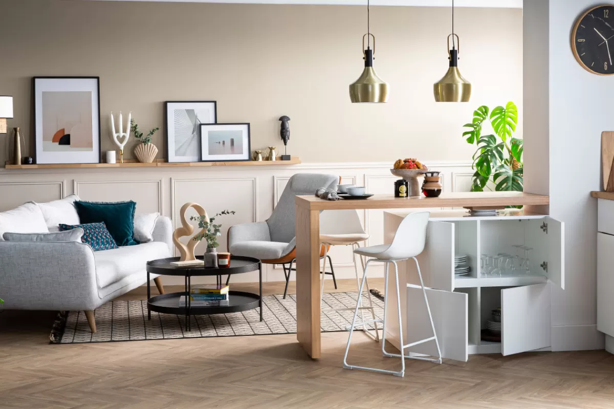 Miliboo îlot - table de bar modulable avec rangement blanc mat et bois clair chêne L140-165 cm MAX