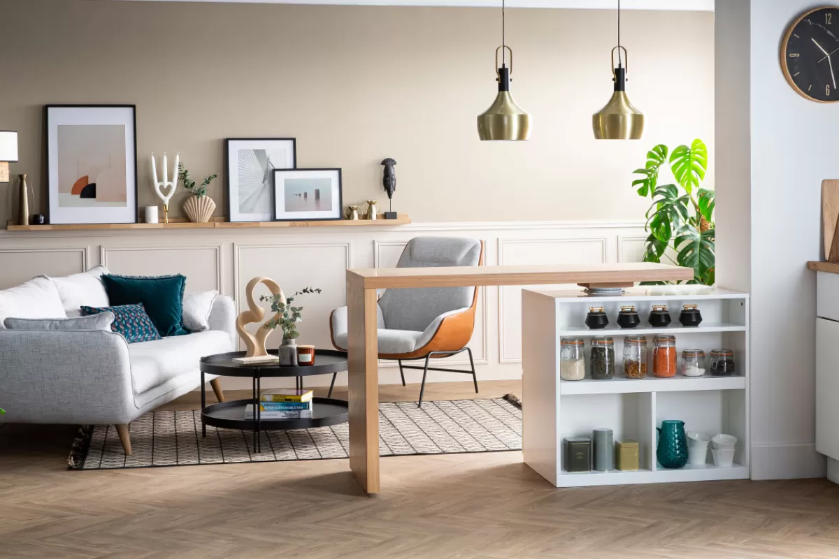 Miliboo îlot - table de bar modulable avec rangement blanc mat et bois clair chêne L140-165 cm MAX