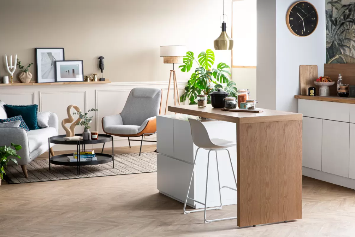 Miliboo îlot - table de bar modulable avec rangement blanc mat et bois clair chêne L140-165 cm MAX