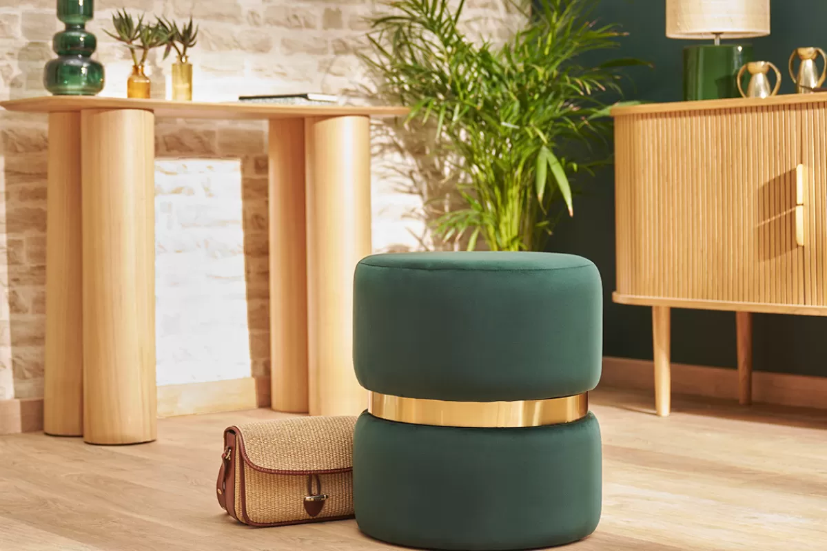 Miliboo Pouf rond en velours vert foncé et métal doré D40 cm JOY