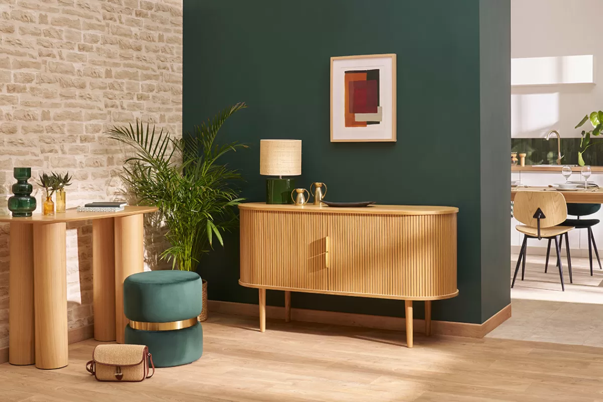 Miliboo Pouf rond en velours vert foncé et métal doré D40 cm JOY