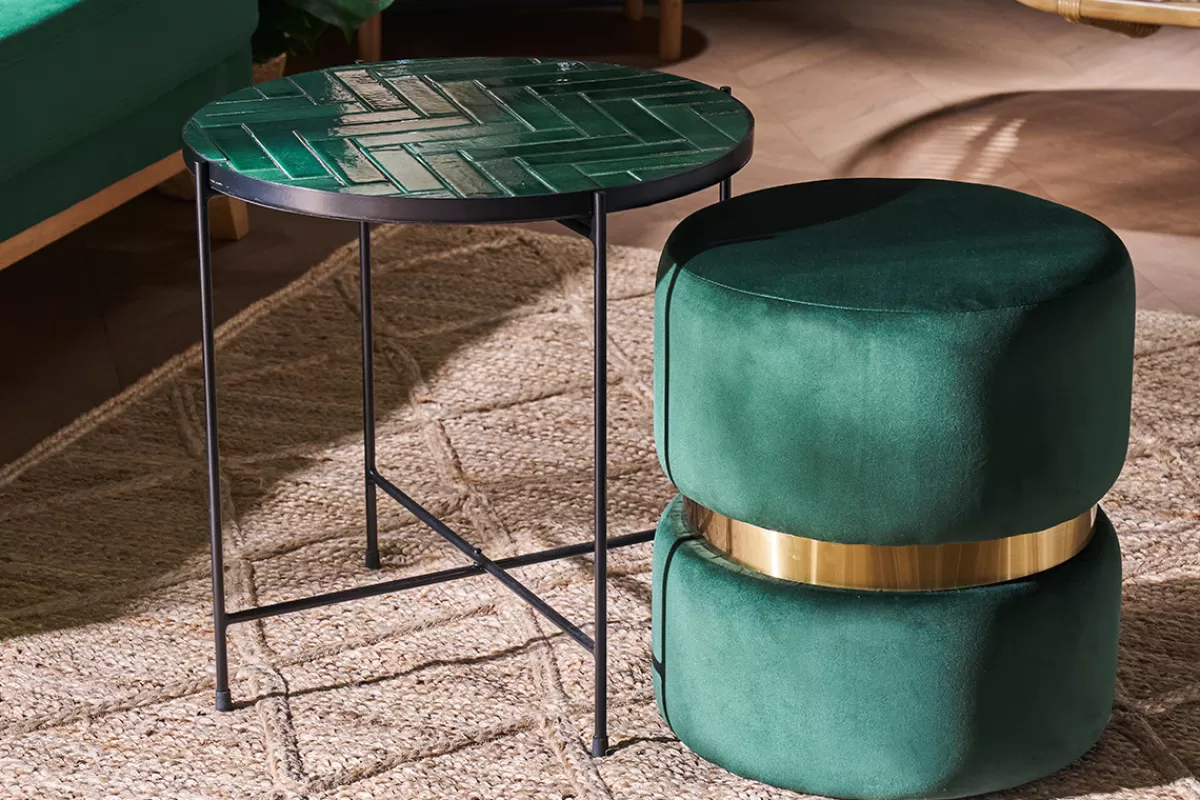 Miliboo Pouf rond en velours vert foncé et métal doré D40 cm JOY