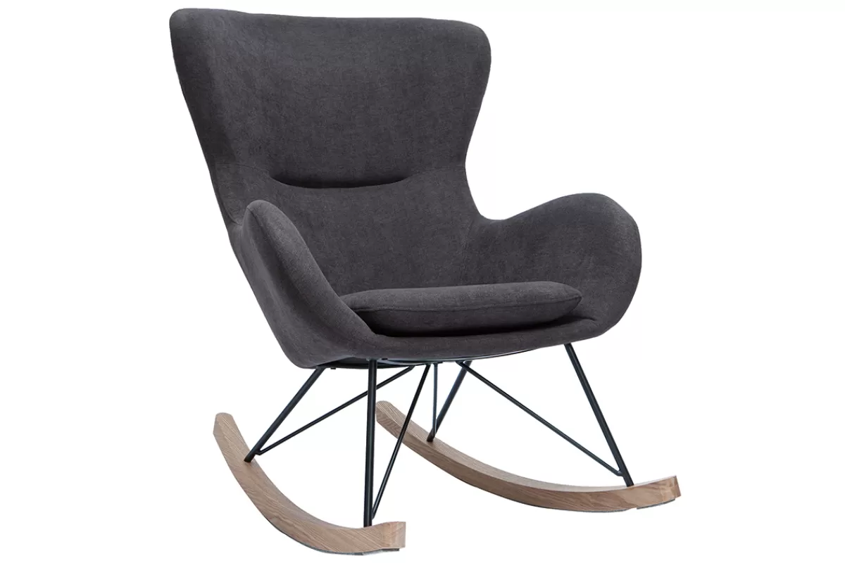 Miliboo Rocking chair design en tissu effet velours gris foncé, métal noir et bois clair ESKUA