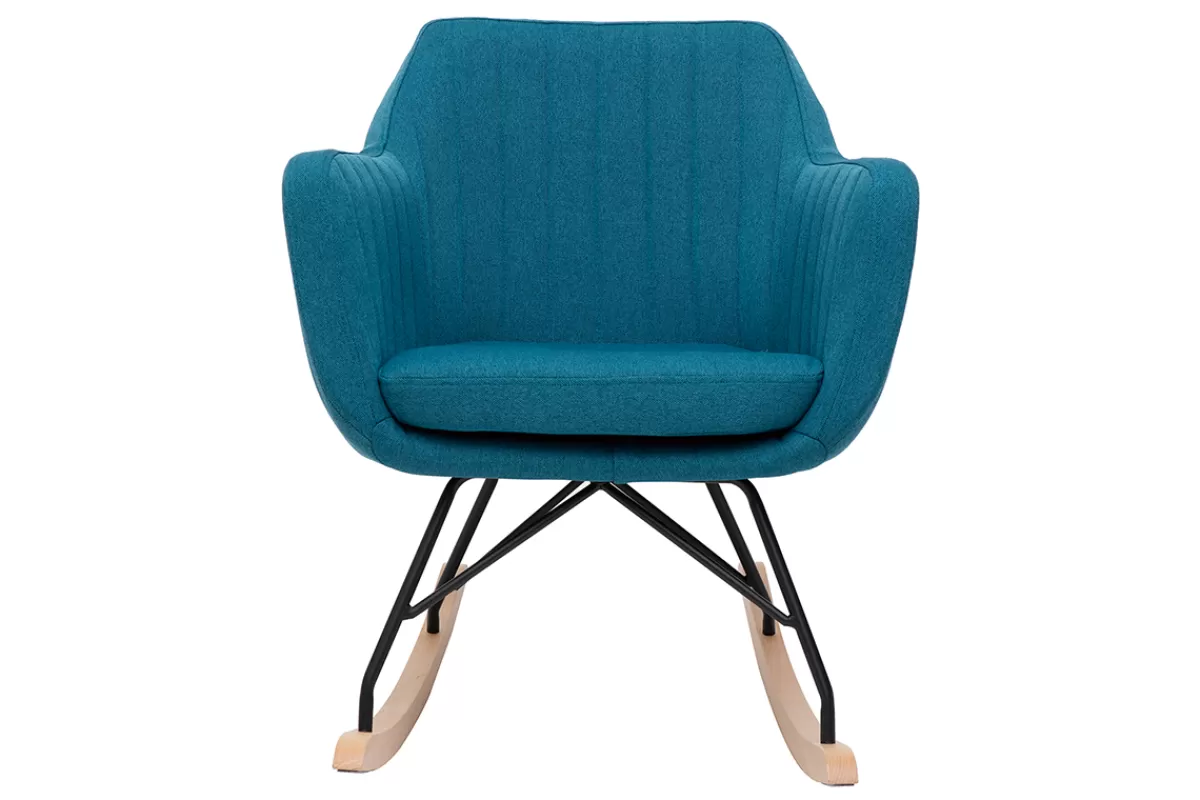 Miliboo Rocking chair scandinave en tissu bleu canard, métal noir et bois clair ALEYNA