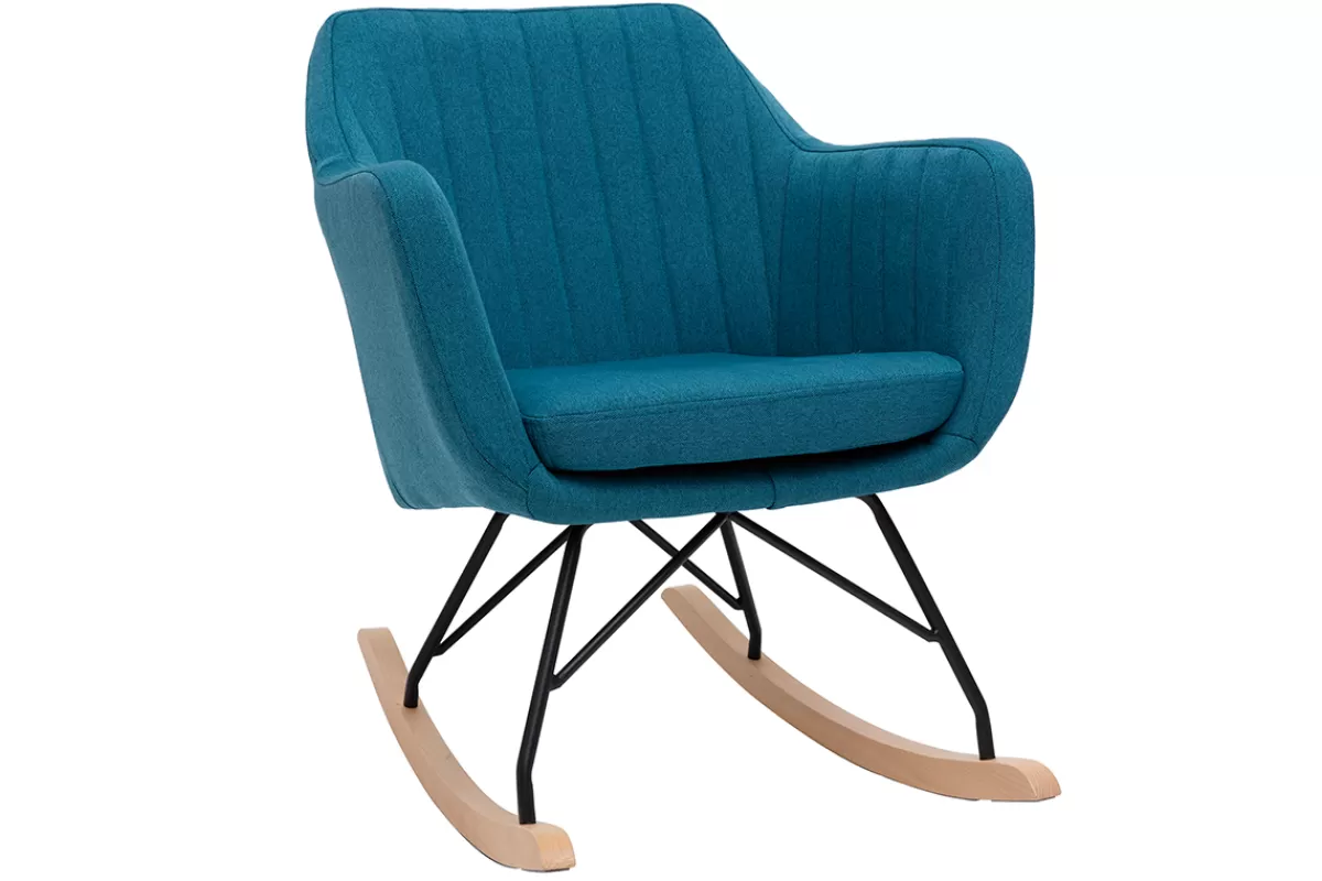 Miliboo Rocking chair scandinave en tissu bleu canard, métal noir et bois clair ALEYNA
